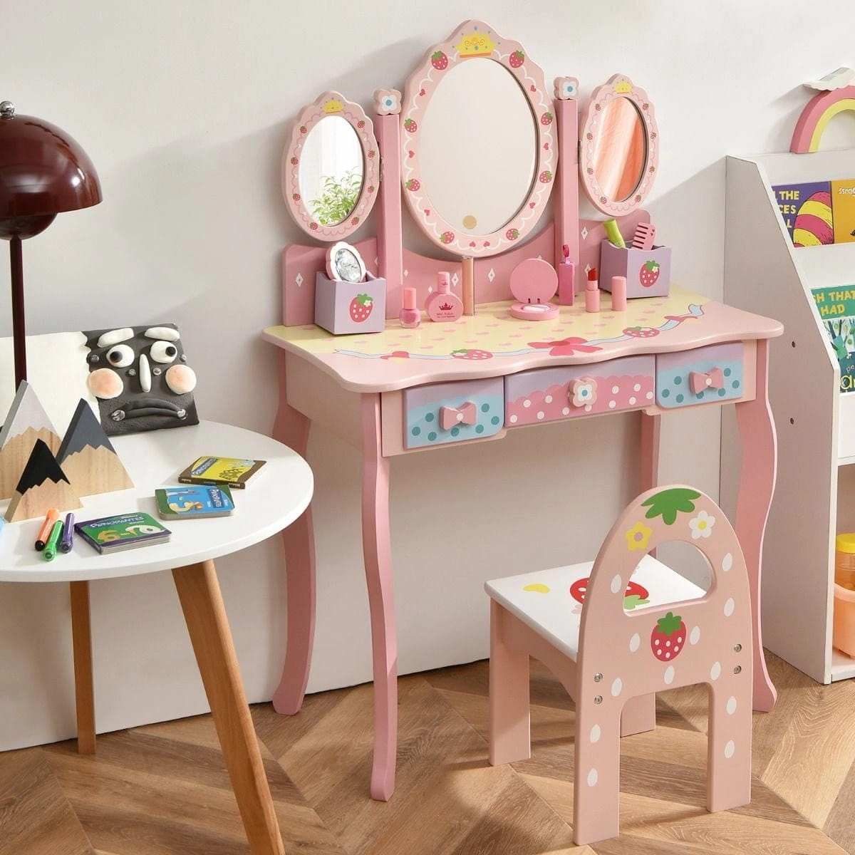 Dziecięca toaletka z 3 szufladami i stołkiem 70 x 34 x 105 cm COSTWAY