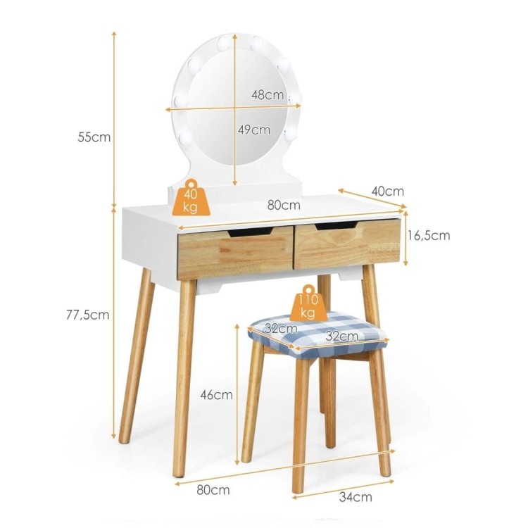 Toaletka z podświetleniem + stołek 80 x 40 x 132 cm