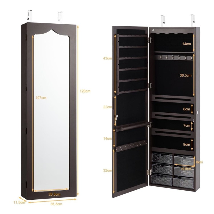 Wisząca szafka na biżuterię z lustrem i światłami LED 36,5 x 11,5 x 120 cm