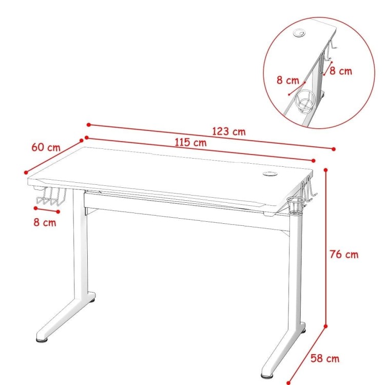 Ergonomiczne biurko gamingowe z blatem 115 cm z uchwytami na napój i słuchawki