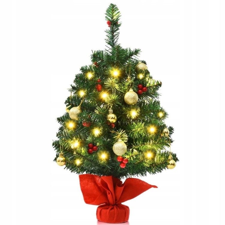 Sztuczna mini choinka 60 cm z lampkami LED i ozdobami