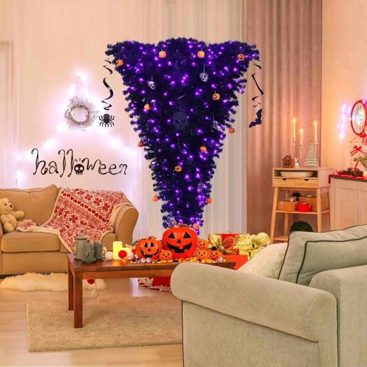 Odwrócona choinka na Halloween - czarna z lampkami LED 180 cm
