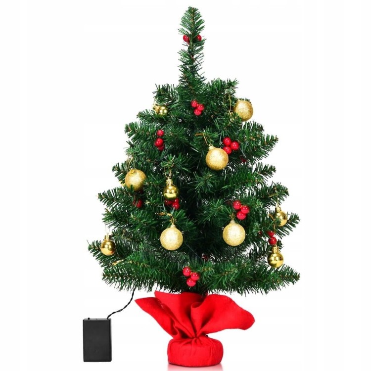Sztuczna mini choinka 60 cm z lampkami LED i ozdobami