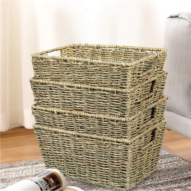 Zestaw 4 prostokątnych koszy z trawy morskiej z uchwytami 30 x 22 x 15,5 cm