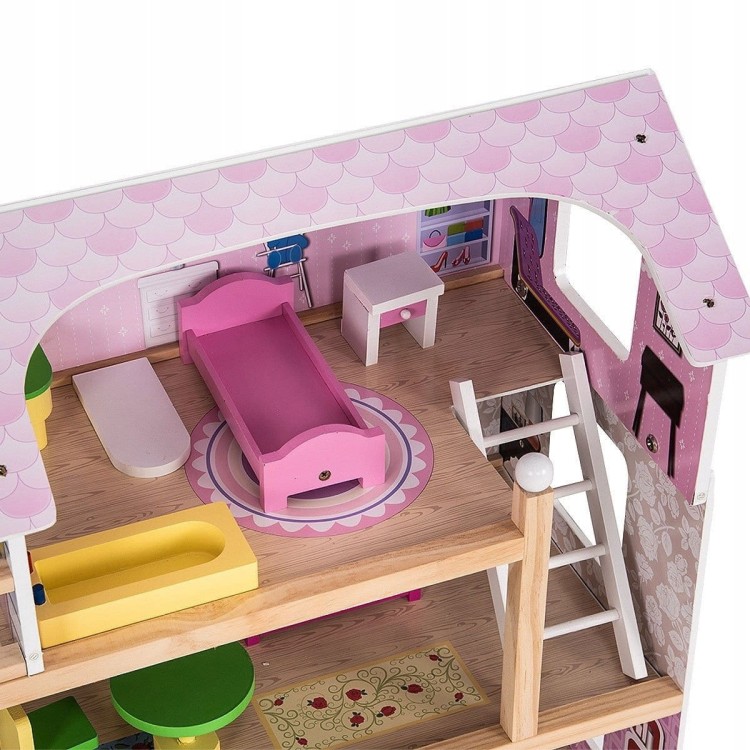 Drewniany domek dla lalek z balkonem i meblami