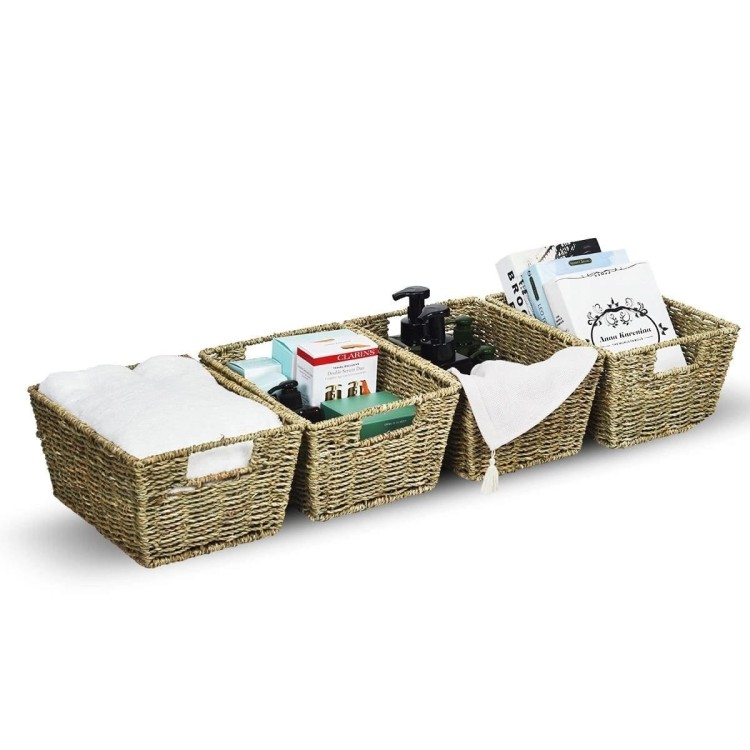 Zestaw 4 prostokątnych koszy z trawy morskiej z uchwytami 30 x 22 x 15,5 cm