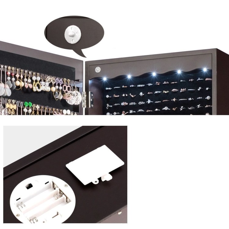 Wisząca szafka na biżuterię z lustrem i światłami LED 36,5 x 11,5 x 120 cm