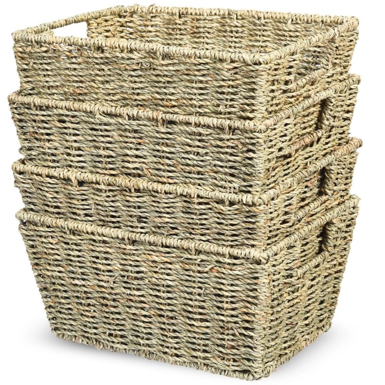 Zestaw 4 prostokątnych koszy z trawy morskiej z uchwytami 30 x 22 x 15,5 cm