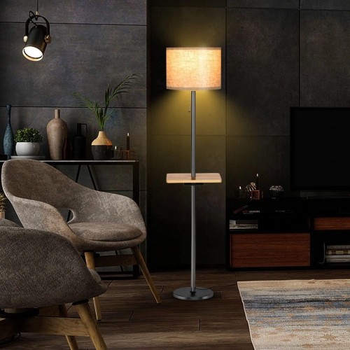 Lampa stojąca podłogowa z drewnianą półką