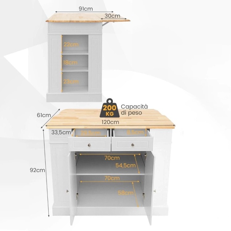 Wyspa kuchenna z rozkładanym blatem 120 x 61 x 92 cm