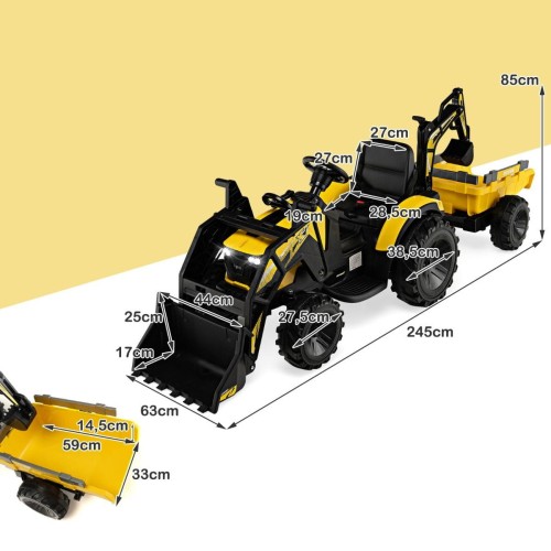 Traktor elektryczny 12 V dla dzieci z przyczepką żółty