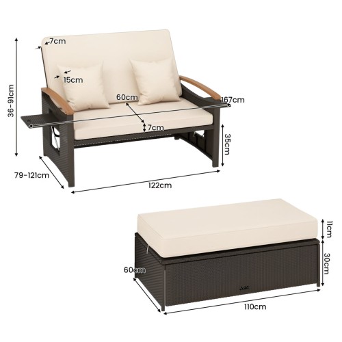 Rozkładana sofa ogrodowa rattanowa 3w1