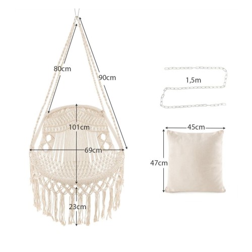 Fotel wiszący huśtawka boho z poduszkami