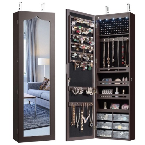 Wisząca szafka na biżuterię z lustrem i światłami LED 36,5 x 11,5 x 120 cm