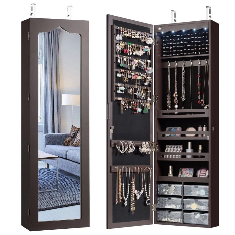 Wisząca szafka na biżuterię z lustrem i światłami LED 36,5 x 11,5 x 120 cm