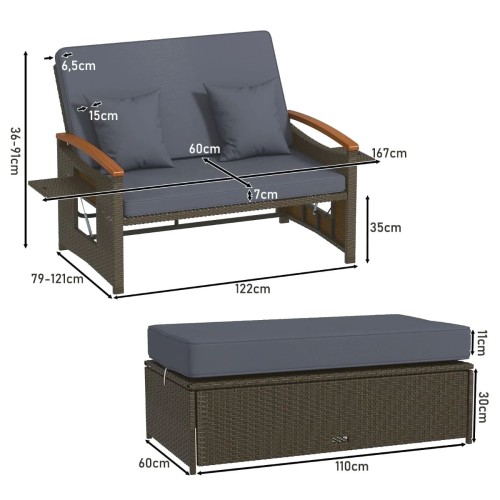 Rozkładana sofa ogrodowa rattanowa 3w1