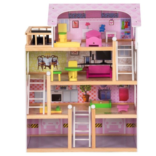 Drewniany domek dla lalek z balkonem i meblami