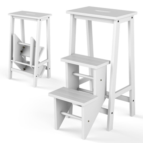 Domowa drabinka z drewna 3-stopniowy stołek 76 cm biały