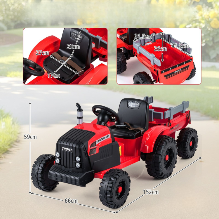Dziecięcy traktor elektryczny z przyczepą czerwony