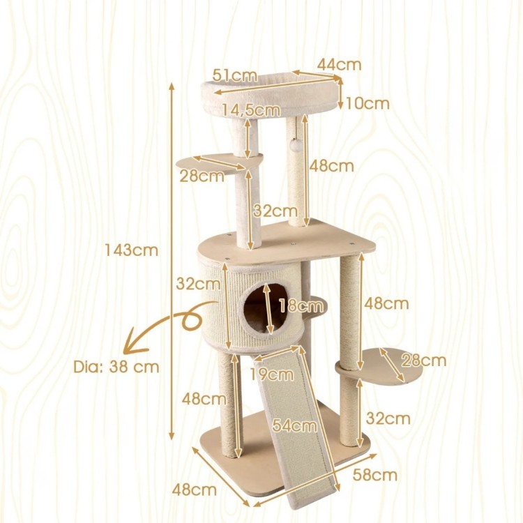 Drapak drewniany z domkiem i platformami 143 cm