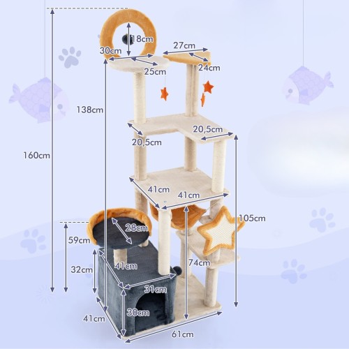 Wielopoziomowa wieża dla kota z drapakiem 160 cm