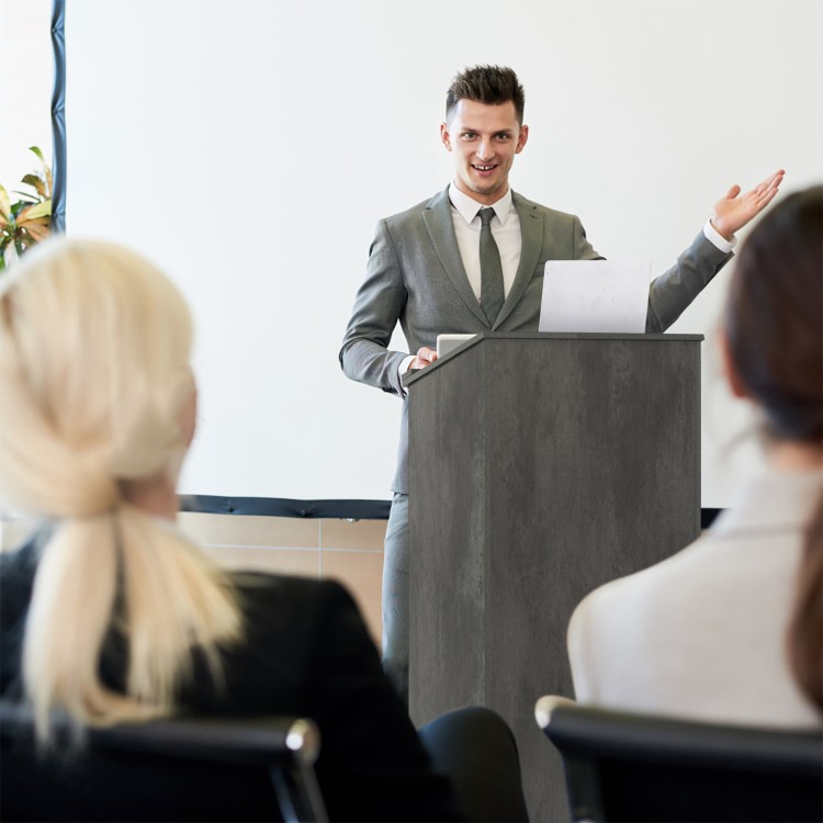 Mównica konferencyjna z półką i otworami na kable