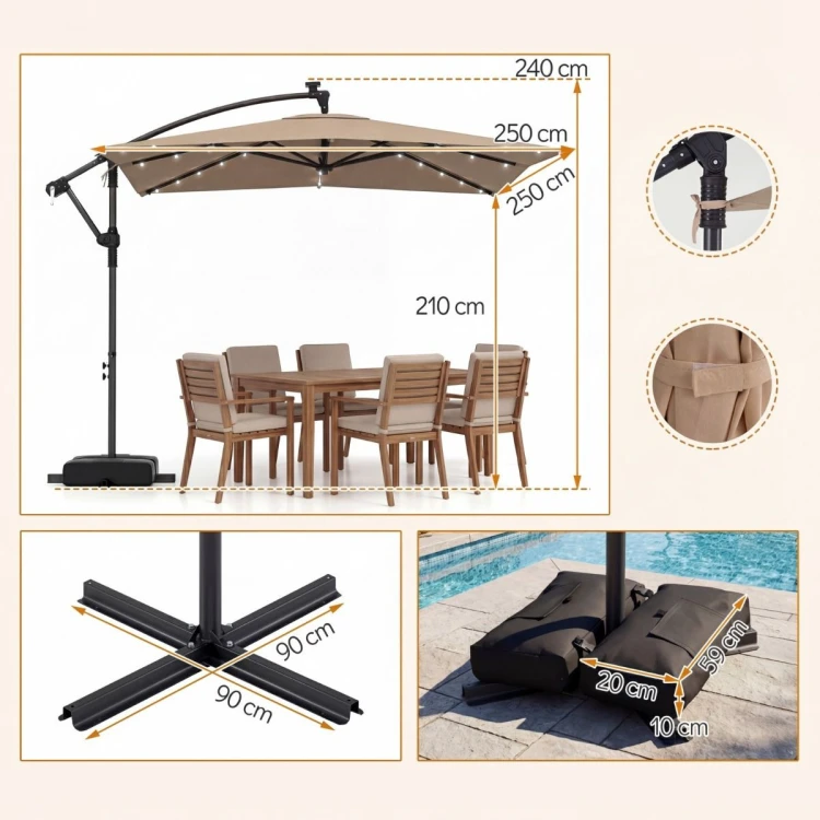 Kwadratowy parasol z wysięgnikiem i oświetleniem LED
