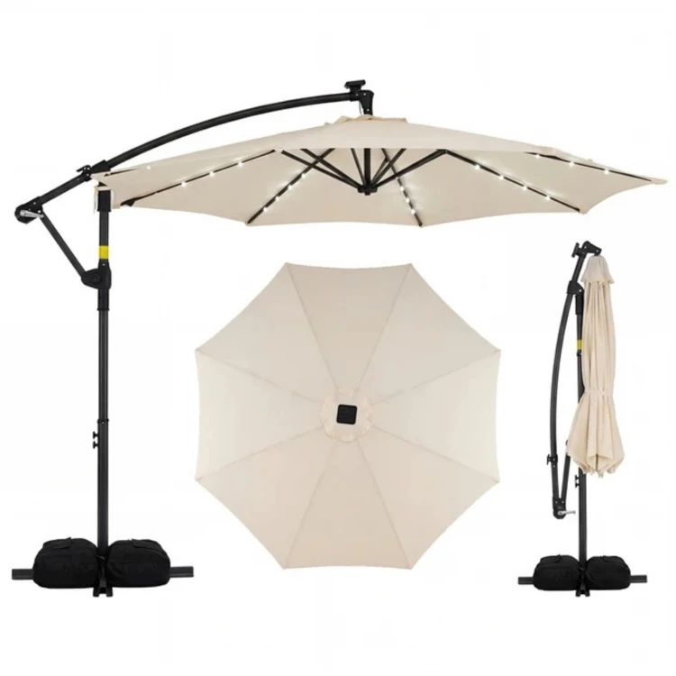 Parasol ogrodowy z wysięgnikiem i oświetleniem LED beżowy
