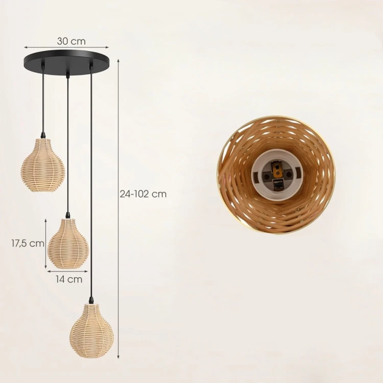 Lampa wisząca z 3 plecionymi rattanowymi kloszami