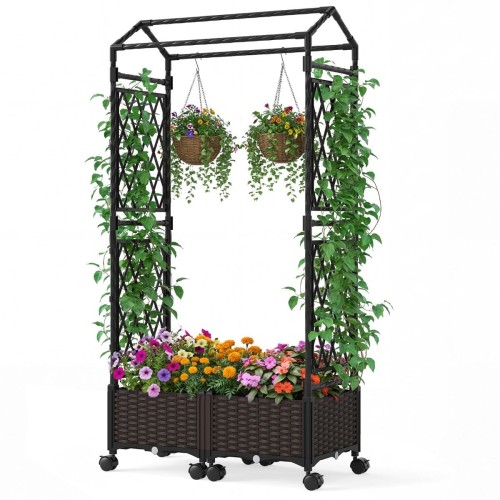 Pergola ogrodowa ze skrzynką na kwiaty z kółkami