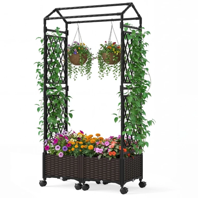 Pergola ogrodowa ze skrzynką na kwiaty z kółkami
