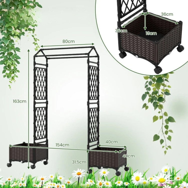 Pergola ogrodowa ze skrzynką na kwiaty z kółkami
