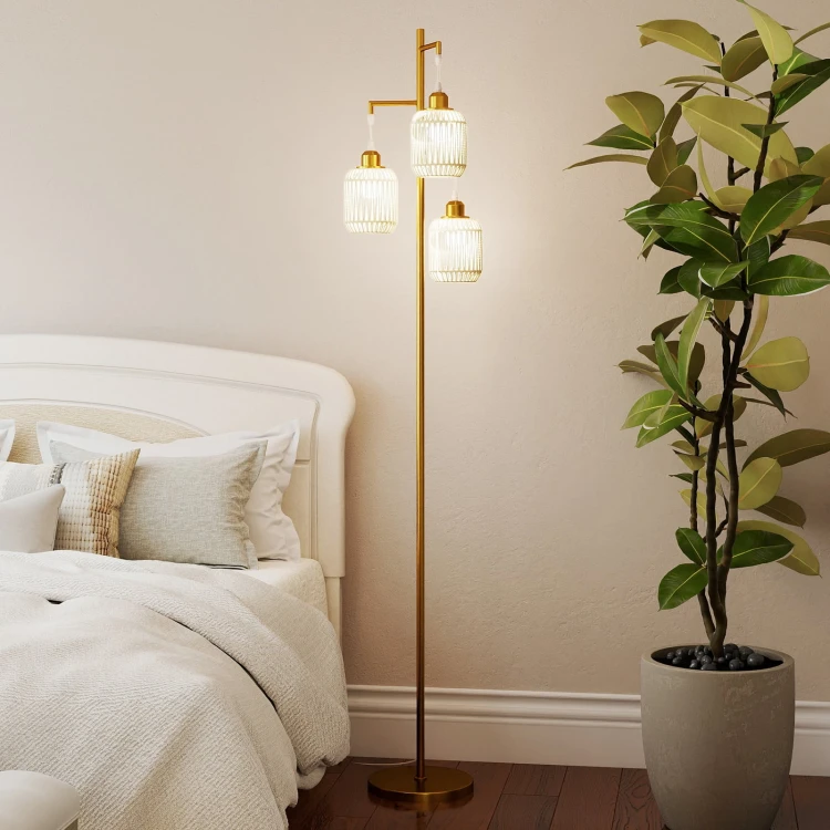 Lampa podłogowa z 3 abażurami złota