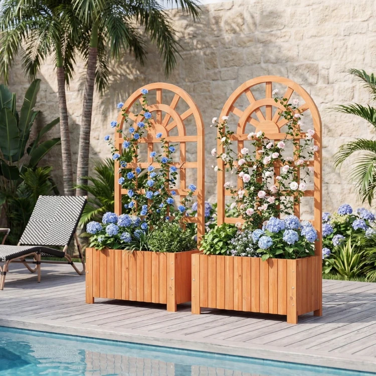 Pergola ogrodowa skrzynka na kwiaty ze ścianką do roślin pnących brązowa