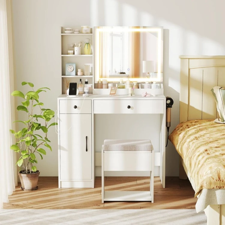 Toaletka z taboretem i lustrem LED