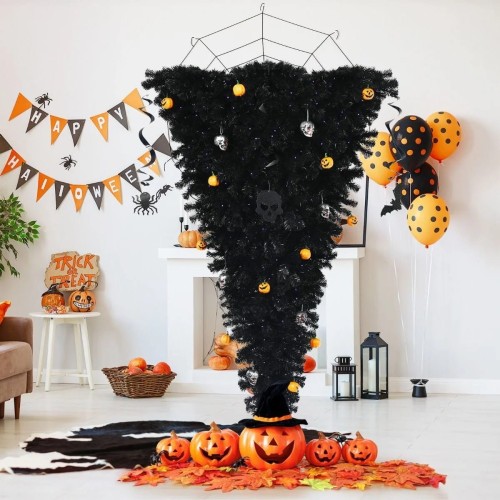 Odwrócona choinka na Halloween - czarna z lampkami LED 180 cm