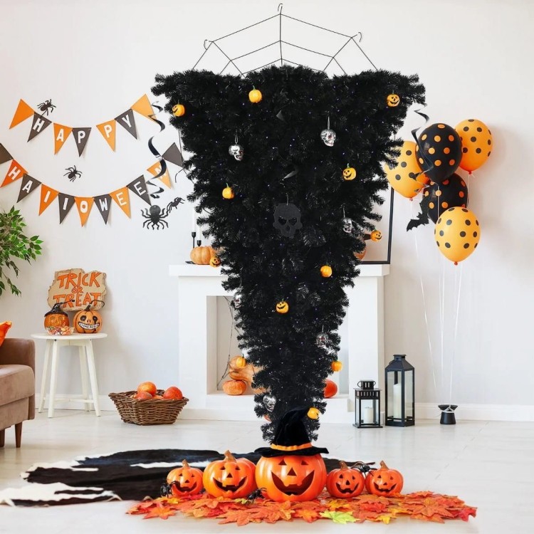 Odwrócona choinka na Halloween - czarna z lampkami LED 180 cm