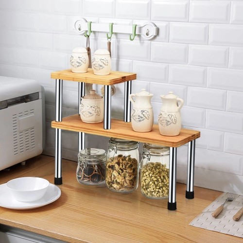 Zestaw dwóch bambusowych półek na nóżkach ze stali nierdzewnej 45 x 16 x 35 cm