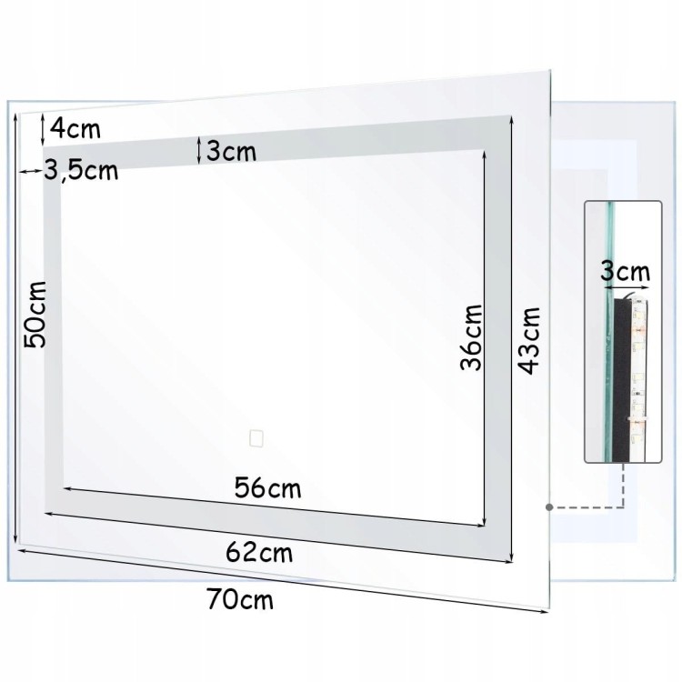 Lustro łazienkowe z podświetleniem led na dotyk 70x50 cm